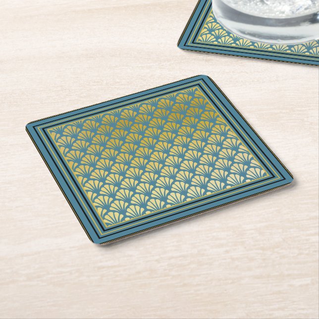 Elegant Trendy Teal Art Deco Fan Pattern Party Square Paper Coaster (Angled)
