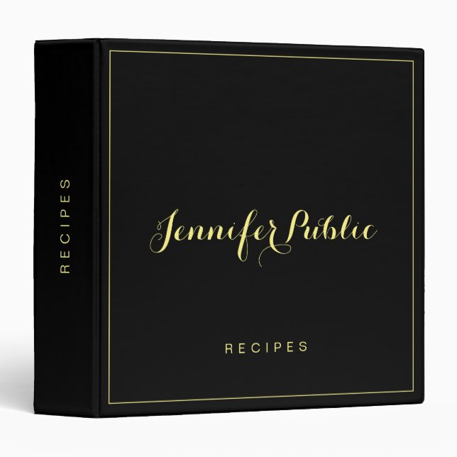 Elegant Trendy Typography Name Black Gold Recipe 3 Ring Binder (Front/Spine)