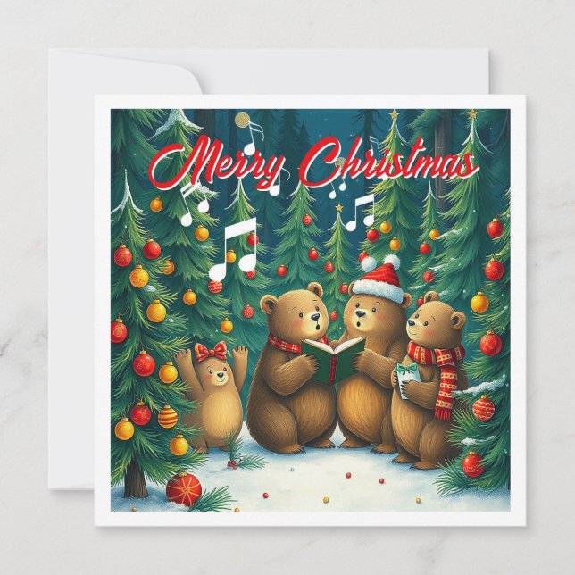 Elegant Trendy Watercolor Pine Trees Caroling  Holiday Card (Front)