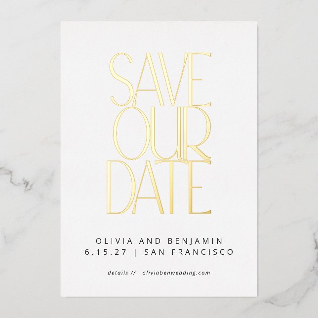 Elegant Trendy White and Gold Save the Date  Foil Invitation (Front)