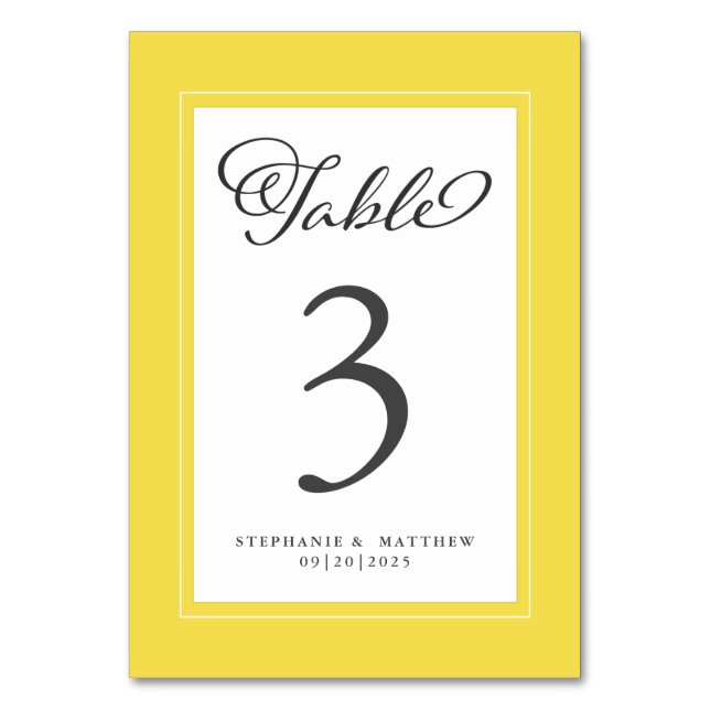 Elegant Trendy Yellow & White Wedding Reception Table Number (Front)