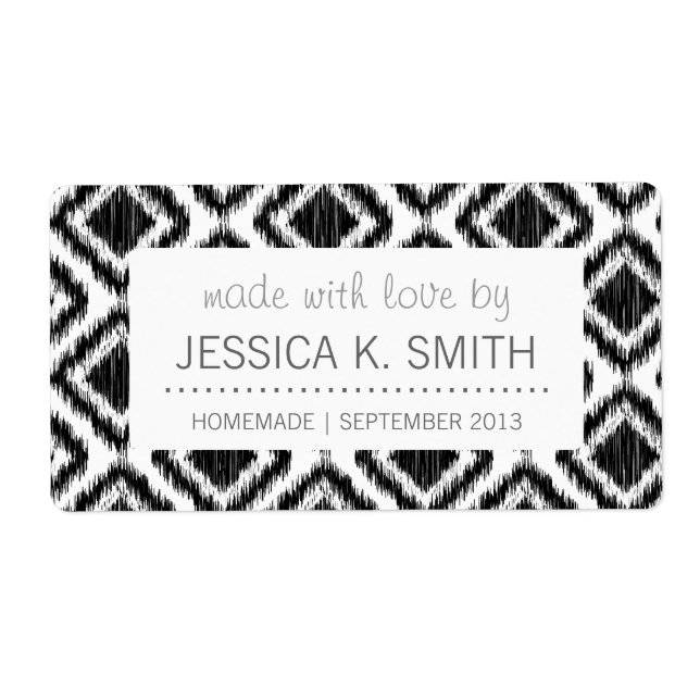 Elegant Tribal Pattern Black and White Ikat Motif Label (Front)