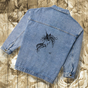 Elegant Tribal Unicorn Black Ink Fantasy  Denim Jacket
