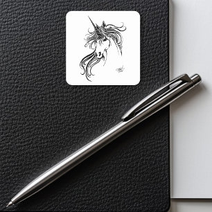 Elegant Tribal Unicorn Black Ink Fantasy Square Sticker