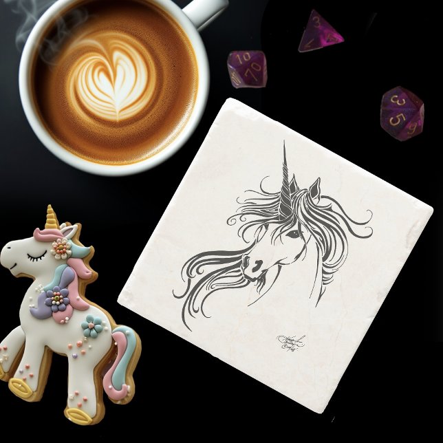 Elegant Tribal Unicorn Black Ink Fantasy  Stone Coaster (Creator Uploaded)