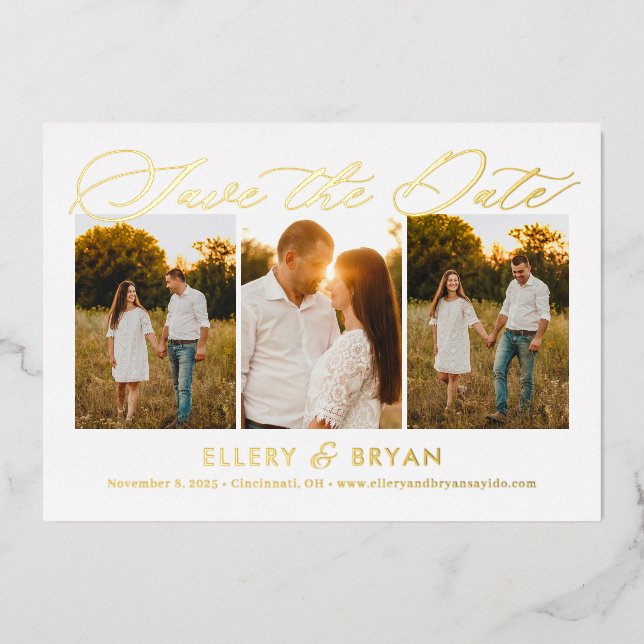 Elegant Trio FOIL Wedding Save The Date Card (Front)