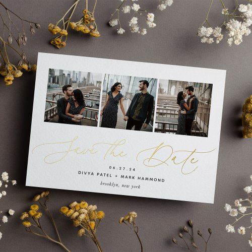 Elegant Trio  Multi Photo Save The Date Gold Foil Invitation