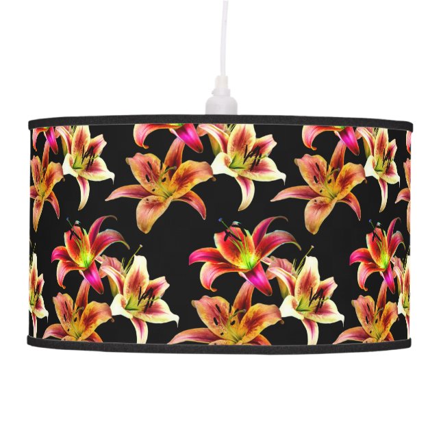 Elegant Trio of Yellow Pink Daylilies Floral Ceiling Lamp (Front)