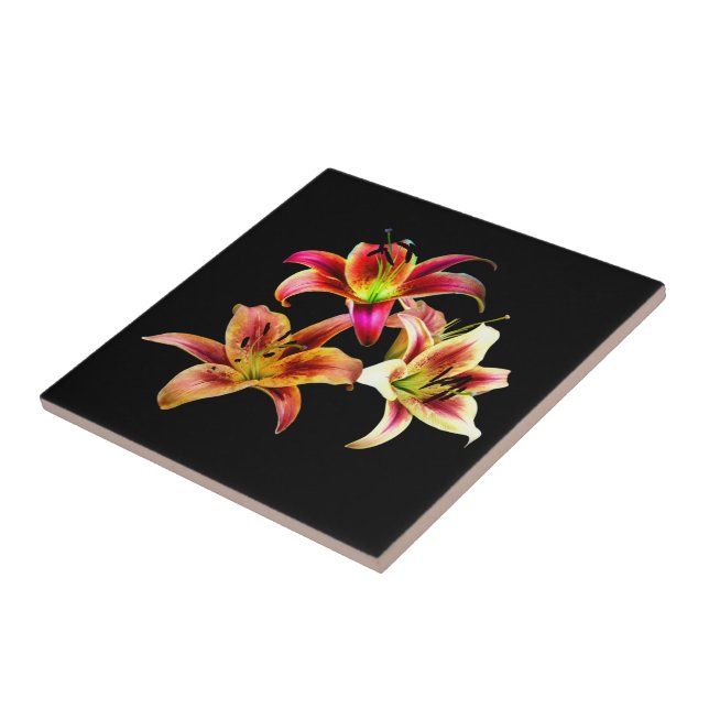 Elegant Trio of Yellow Pink Daylilies Floral Ceramic Tile (Side)