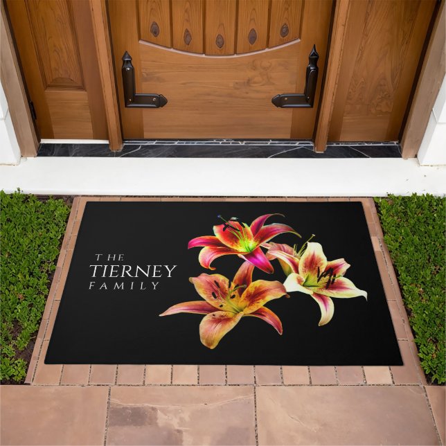 Elegant Trio of Yellow Pink Daylilies Floral Doormat (Outdoor)