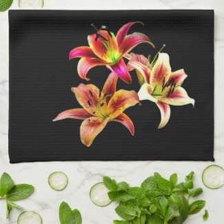 Elegant Trio of Yellow Pink Daylilies Floral Kitchen Towel