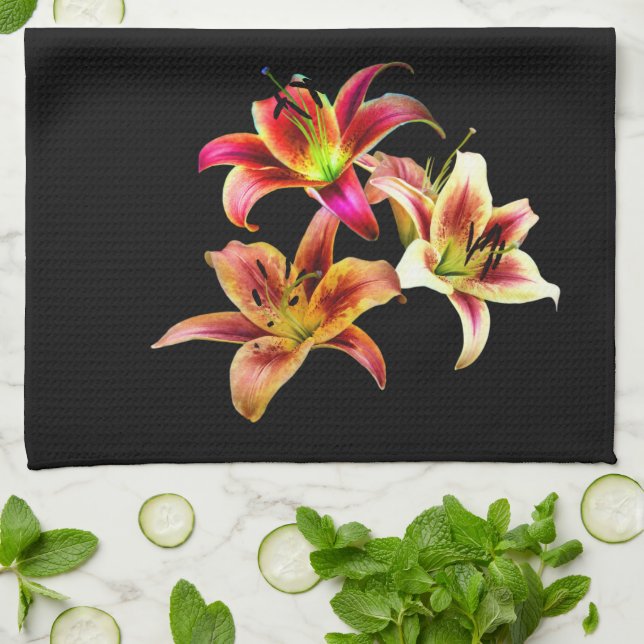 Elegant Trio of Yellow Pink Daylilies Floral Kitchen Towel (Folded)