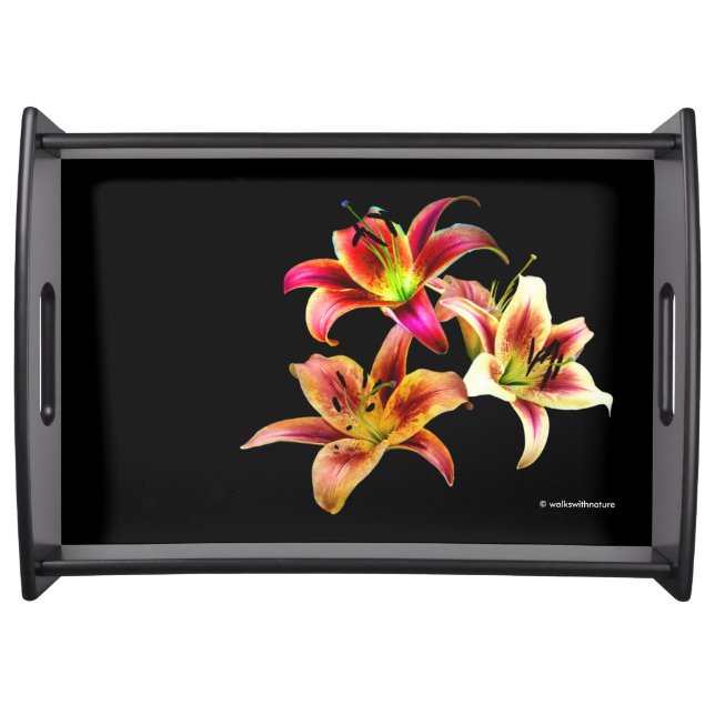 Elegant Trio of Yellow Pink Daylilies Floral Serving Tray (Front)