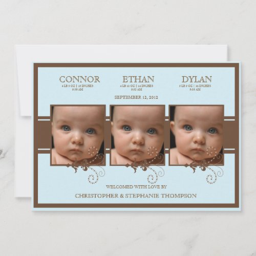Elegant Triplet Photo Baby Boy Birth Announcement