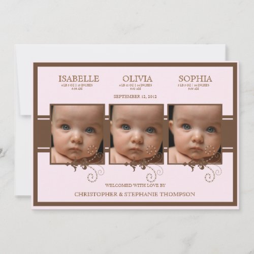 Elegant Triplet Photo Baby Girl Birth Announcement