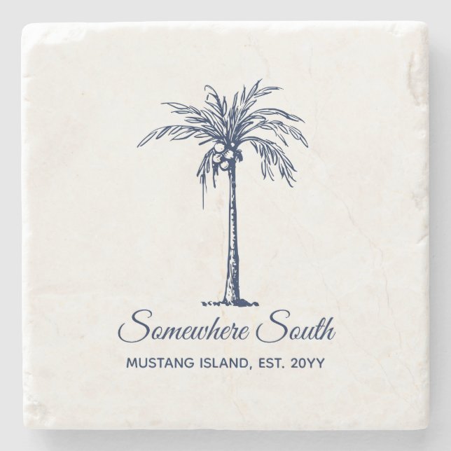 Elegant Tropcial Blue Palm Tree Personalized Stone Coaster (Front)