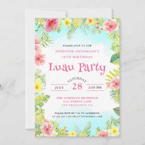 Elegant Tropical Aloha Luau Birthday Party Pink Invitation