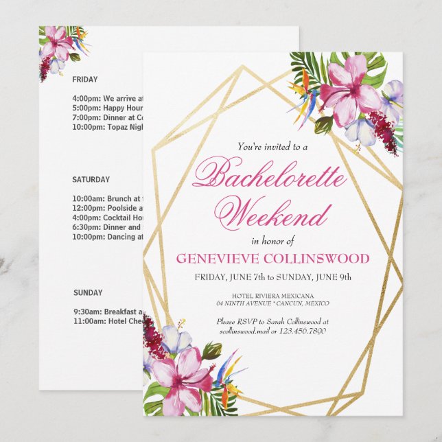 Elegant Tropical Bachelorette Weekend Itinerary Invitation (Front/Back)