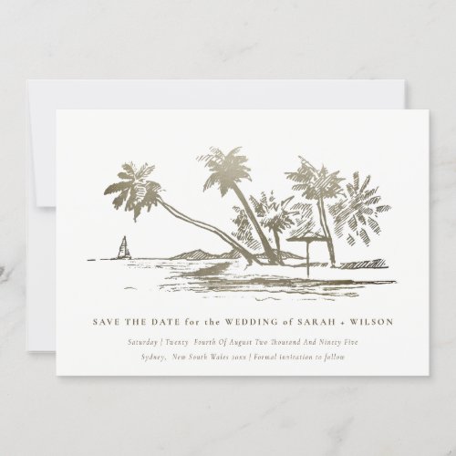 Elegant Tropical Beach Palm Tree Sketch Pale Gold Save The Date