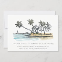 Elegant Tropical Beach Palm Tree Sketch Watercolor Save The Date