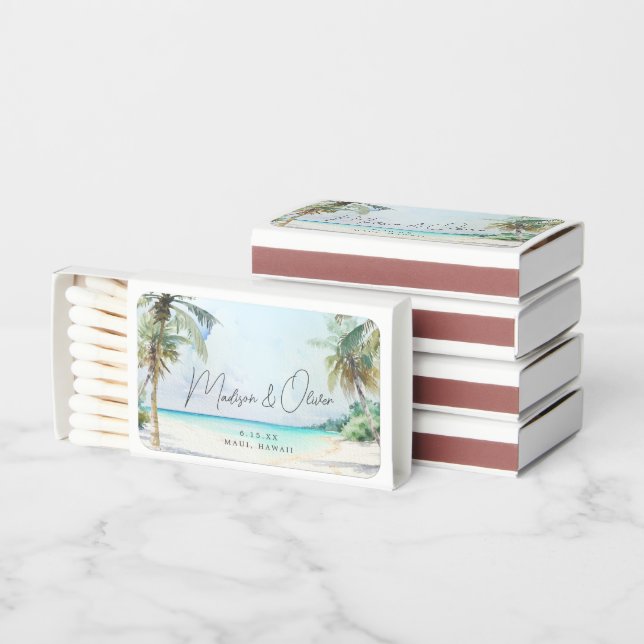 Elegant Tropical Beach Palm Trees Wedding Matchboxes (Stacked)
