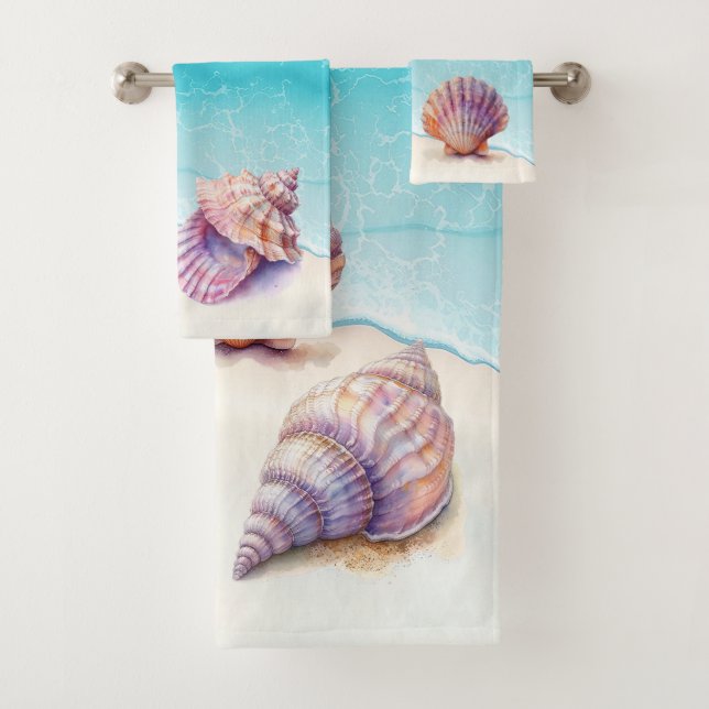 Elegant Tropical Beach Seashells Pearls Nautical Bath Towel Set (Insitu)