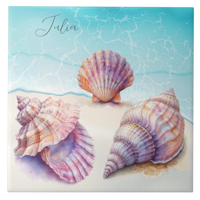 Elegant Tropical Beach Seashells Pearls Nautical Ceramic Tile (Front)