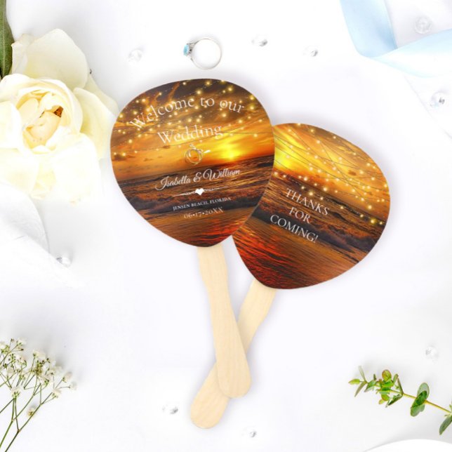 Elegant Tropical Beach String Lights Wedding Favor Hand Fan (Creator Uploaded)