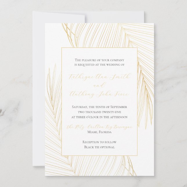 Elegant Tropical Beach Wedding Gold Invitation (Front)