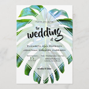 Elegant Tropical Beach Wedding Monstera Leaf Invitation