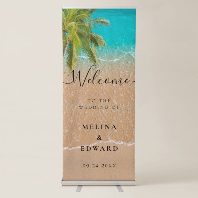 Elegant Tropical Beach Wedding Welcome Retractable Banner (Front)