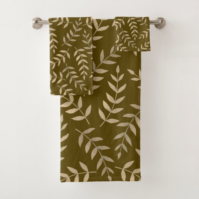 Elegant Tropical Beige Leaves on Brown Bath Towel Set (Insitu)