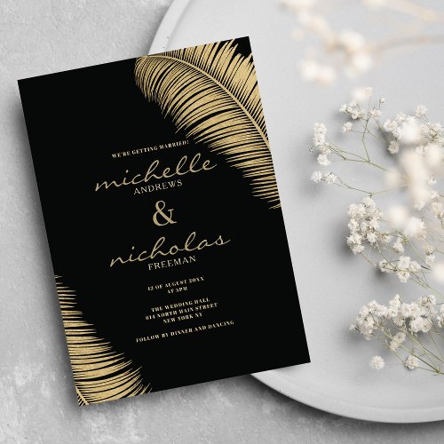 Elegant tropical black and gold leaves wedding invitation