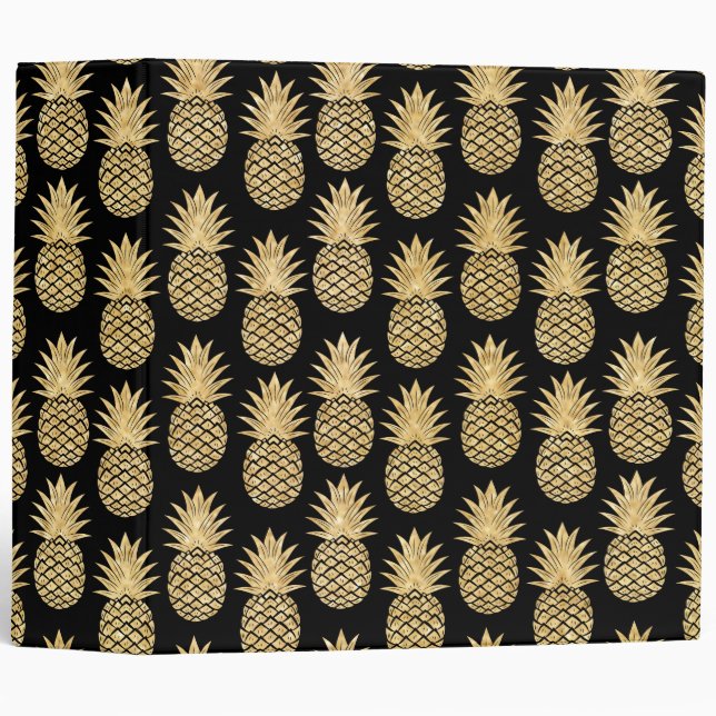 Elegant Tropical Black and Gold Pineapple Pattern 3 Ring Binder (Front/Spine)