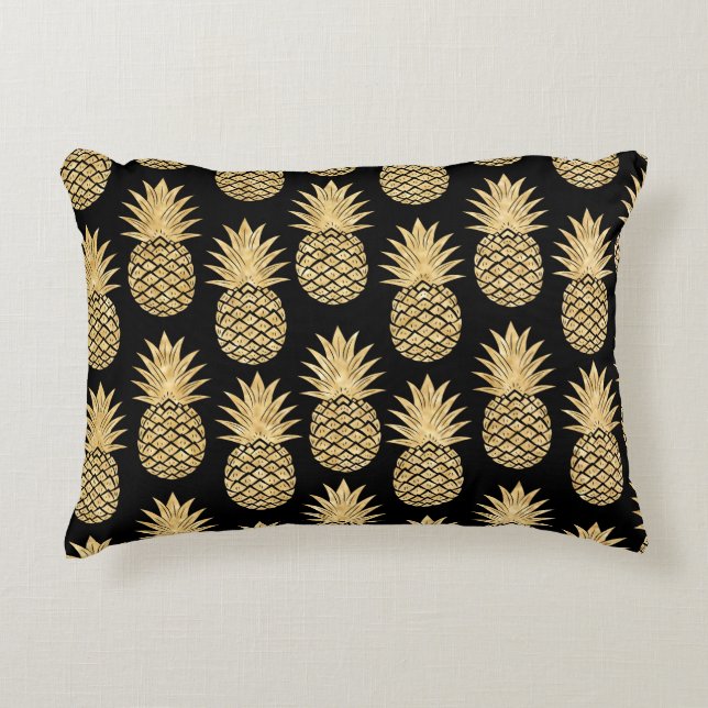 Elegant Tropical Black and Gold Pineapple Pattern Accent Pillow (Front)