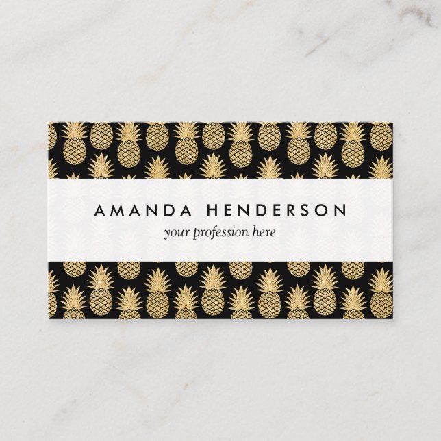 Elegant Tropical Black and Gold Pineapple Pattern Business Card (Front)