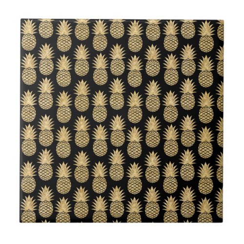 Elegant Tropical Black and Gold Pineapple Pattern Ceramic Tile