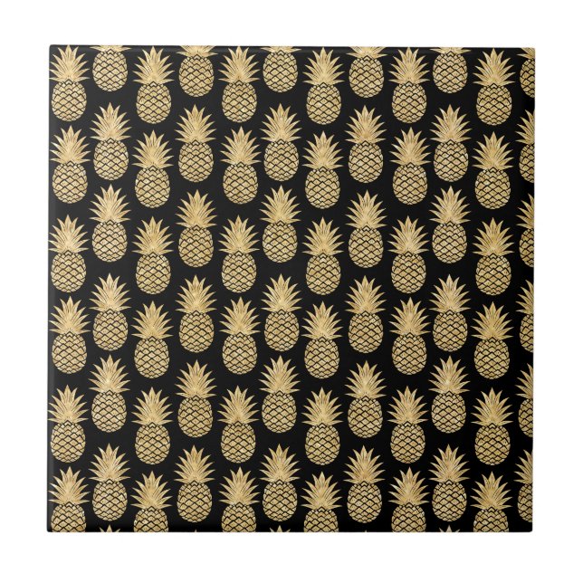 Elegant Tropical Black and Gold Pineapple Pattern Ceramic Tile (Front)