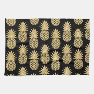 Elegant Tropical Black and Gold Pineapple Pattern Kitchen Towel