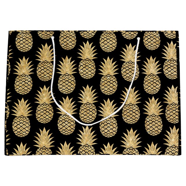 Elegant Tropical Black and Gold Pineapple Pattern Large Gift Bag (Front)