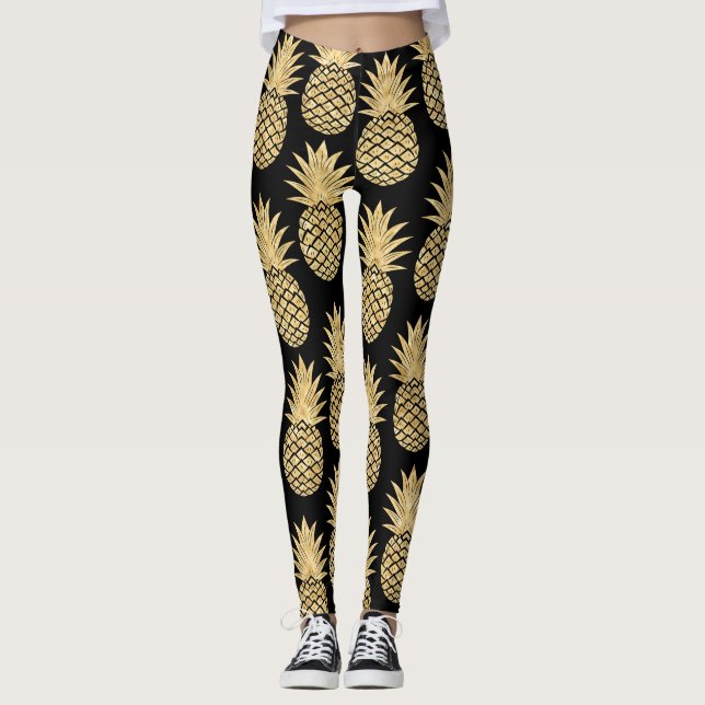 Elegant Tropical Black and Gold Pineapple Pattern Leggings (Front)