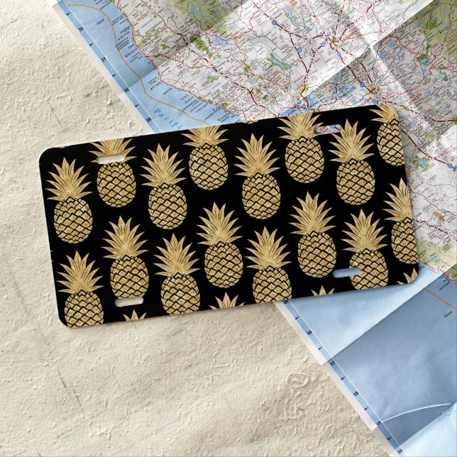 Elegant Tropical Black and Gold Pineapple Pattern License Plate (In Situ)