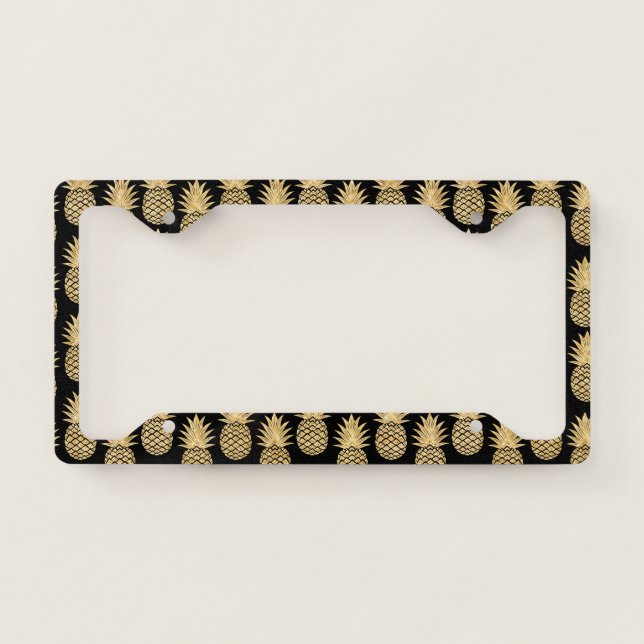 Elegant Tropical Black and Gold Pineapple Pattern License Plate Frame (Front)