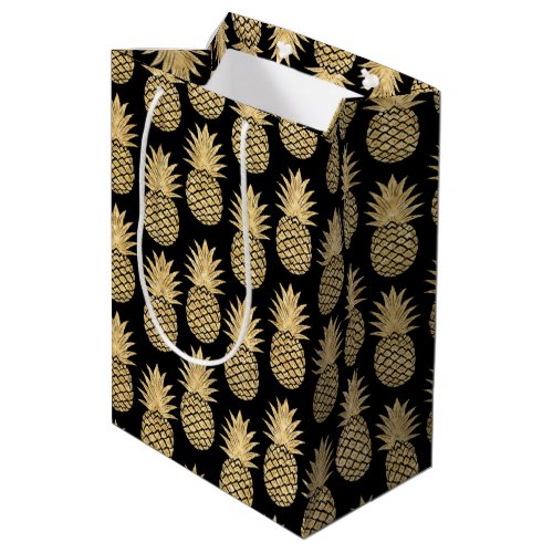 Elegant Tropical Black and Gold Pineapple Pattern Medium Gift Bag