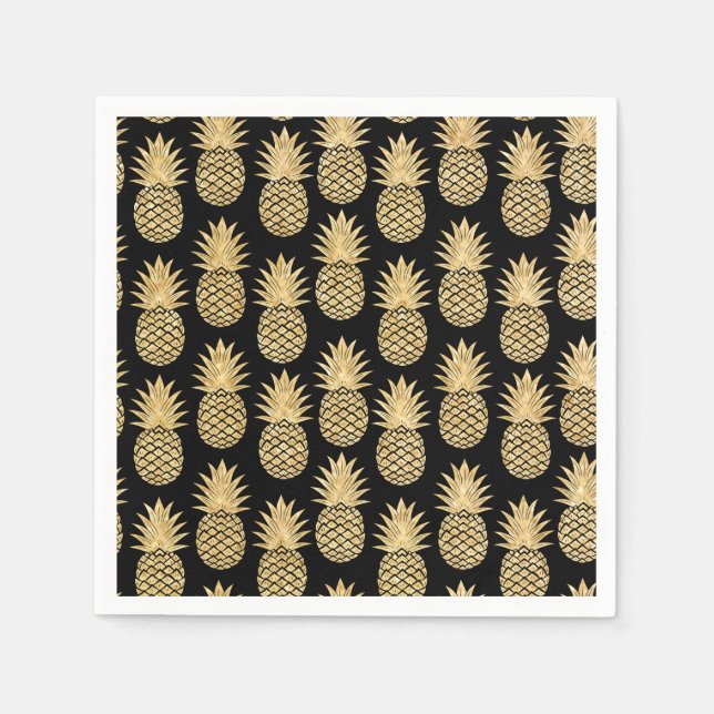 Elegant Tropical Black and Gold Pineapple Pattern Napkins (Front)