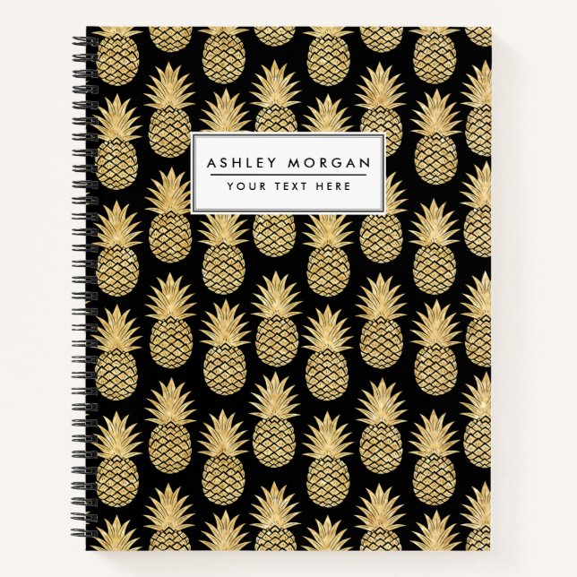 Elegant Tropical Black and Gold Pineapple Pattern Notebook (Front)