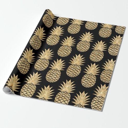 Elegant Tropical Black and Gold Pineapple Pattern Wrapping Paper