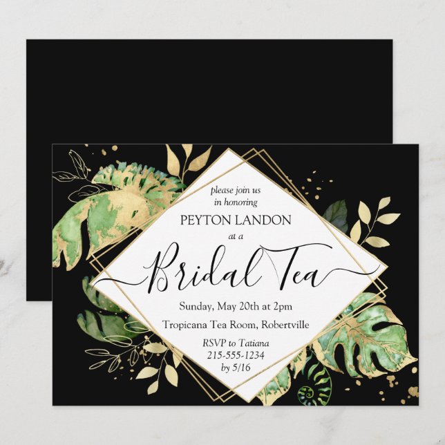 Elegant Tropical Black & Gold Bridal Shower Tea Invitation (Front/Back)