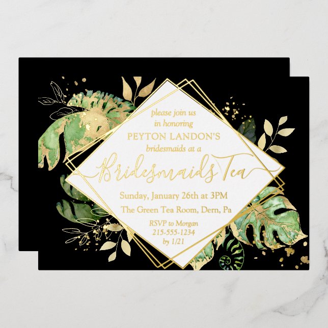 Elegant Tropical Black & Gold Bridesmaid Tea Party Foil Invitation (Front/Back)
