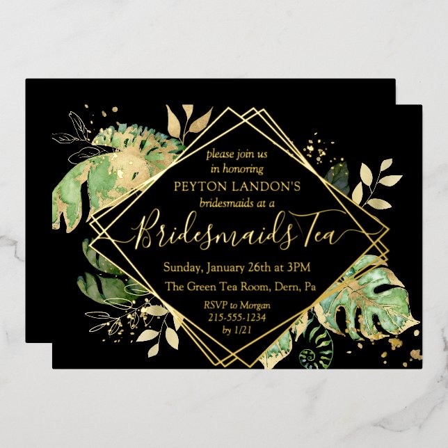 Elegant Tropical Black & Gold Bridesmaid Tea Party Foil Invitation (Front/Back)